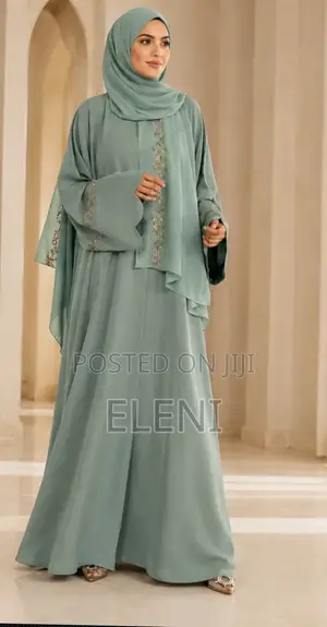 Sage Green Abaya With Floral Embroidery