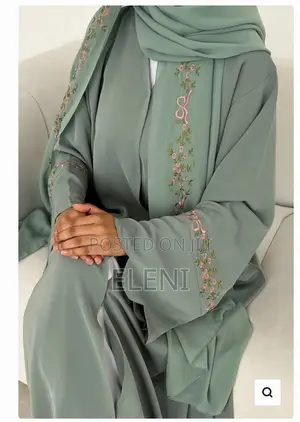 Sage Green Abaya With Floral Embroidery