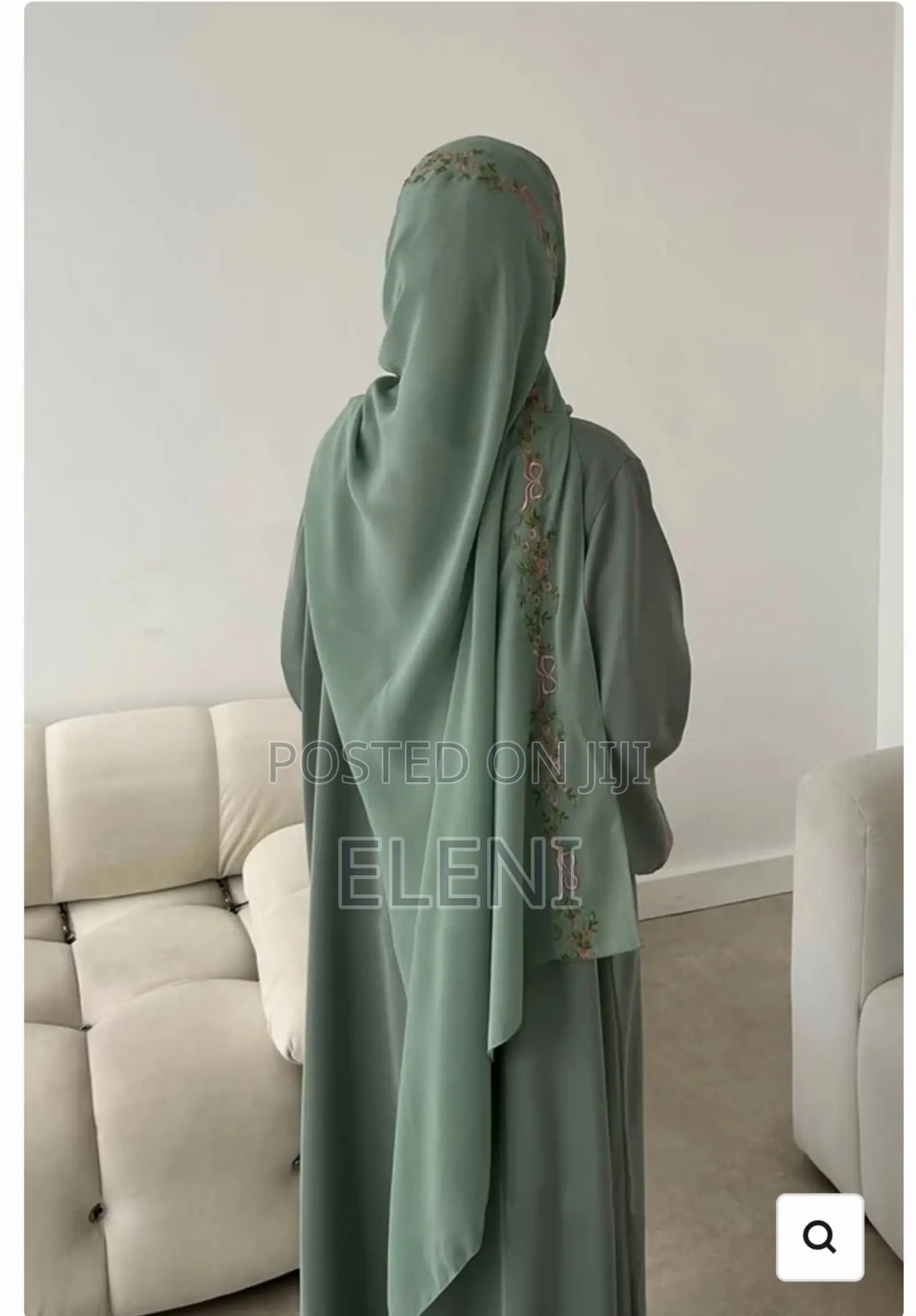 Sage Green Abaya With Floral Embroidery