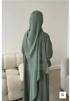 Sage Green Abaya With Floral Embroidery