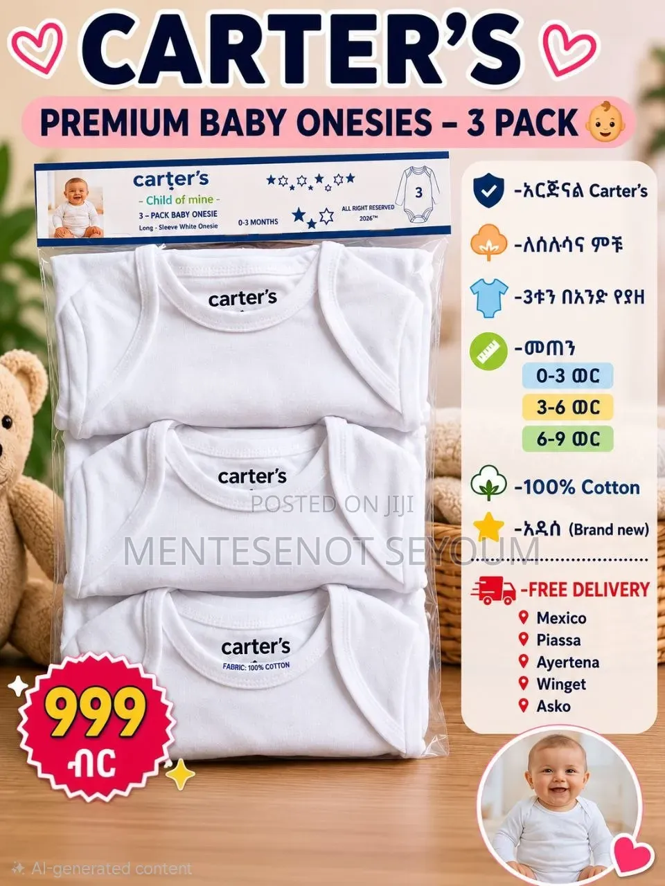 ኦሪጅናል የCarter's Baby Onesies (3 በ 1 የዳይፐር ቲሸርት)