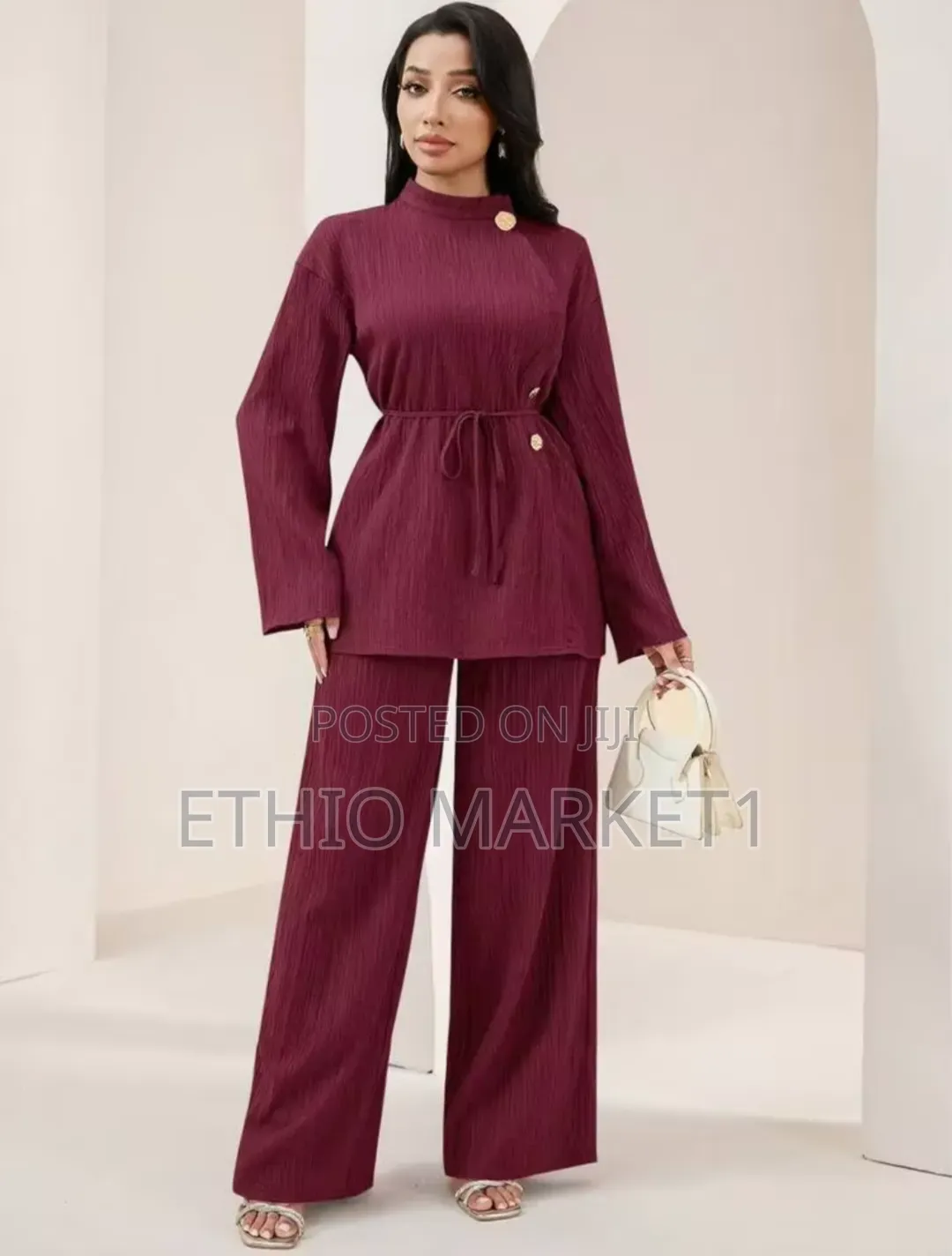 Veilorie Casual Metal Buckle Shirt & Long Pants Women's Arabian Dress