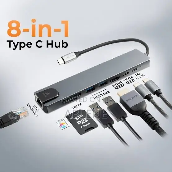 8 In1  Type C Hub Adapter Includes USB ,Pd ,4k Hdmi Output, Rj45