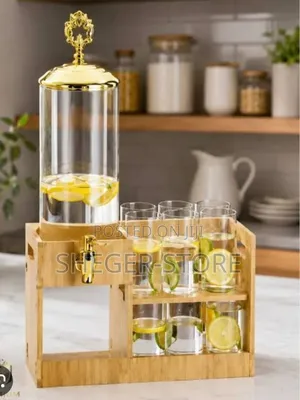 Brand New Glass Dispenser Jar With Bamboo Stand and 6 Glass's