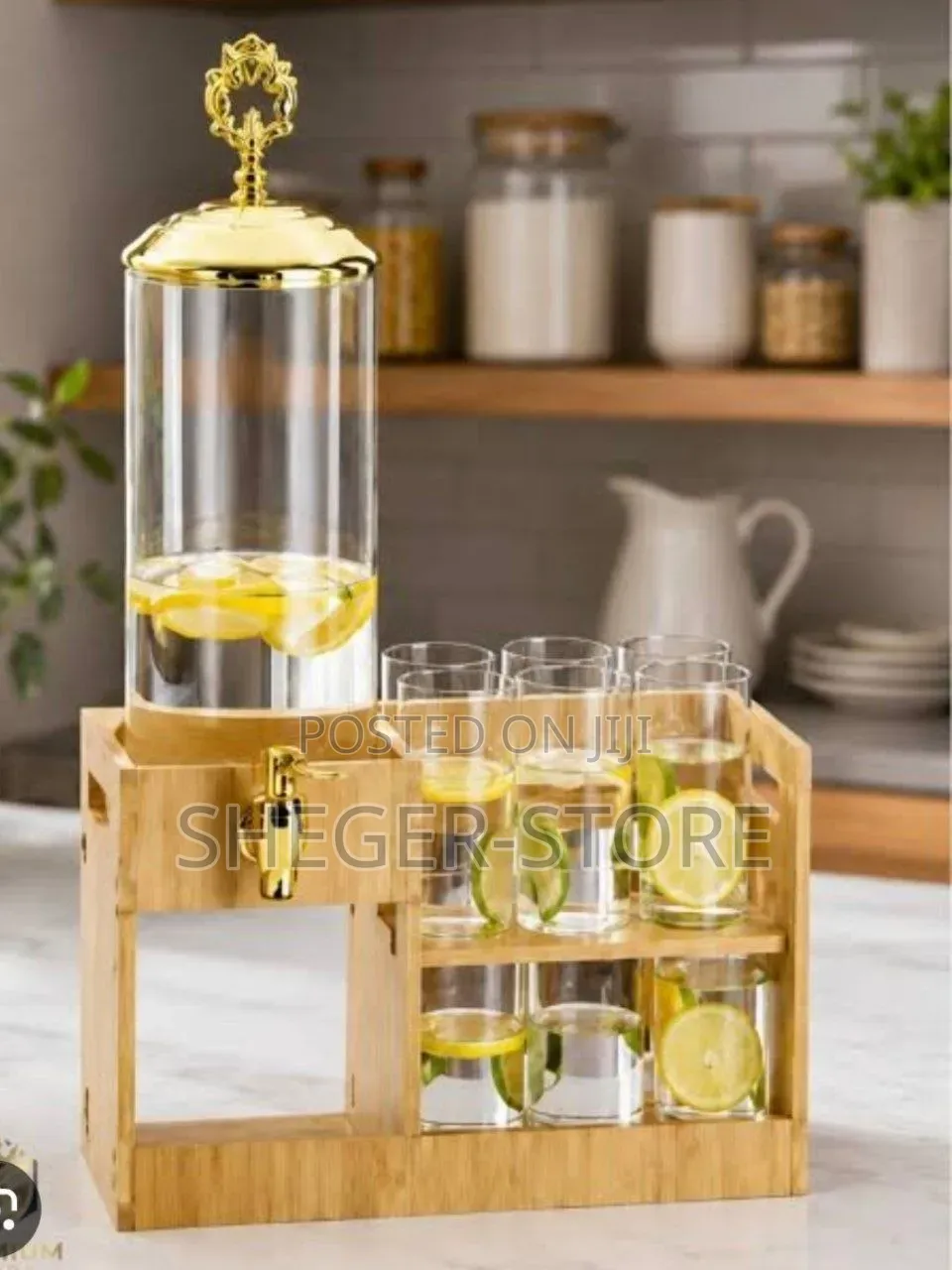 Brand New Glass Dispenser Jar With Bamboo Stand and 6 Glass's