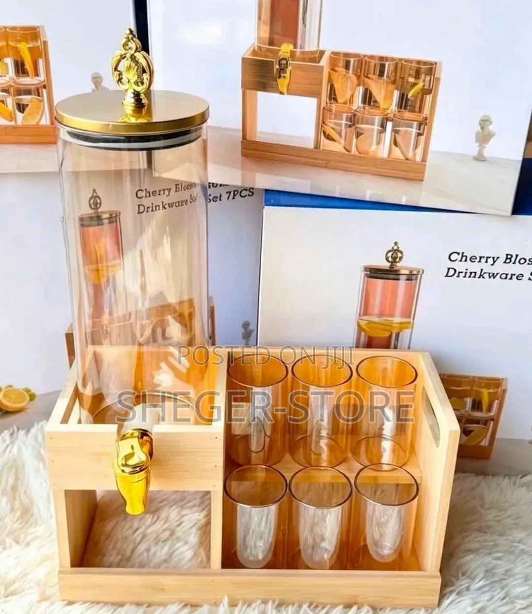 Brand New Glass Dispenser Jar With Bamboo Stand and 6 Glass's