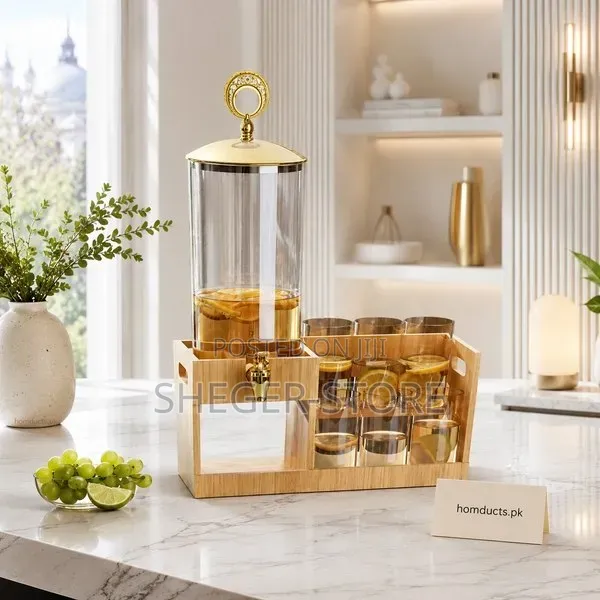 Brand New Glass Dispenser Jar With Bamboo Stand and 6 Glass's