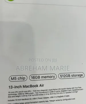 New Laptop Apple MacBook Air 2026 M5 16GB Apple M5 SSD 512GB