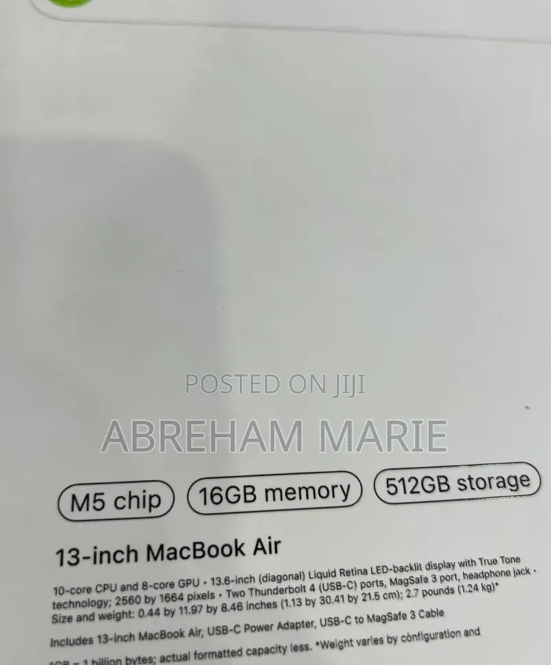 New Laptop Apple MacBook Air 2026 M5 16GB Apple M5 SSD 512GB