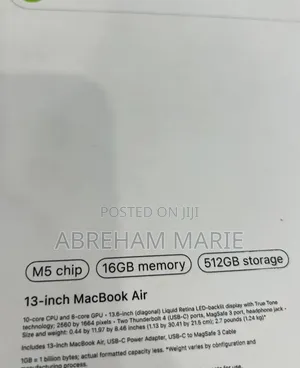 New Laptop Apple MacBook Air 2026 M5 16GB Apple M5 SSD 512GB