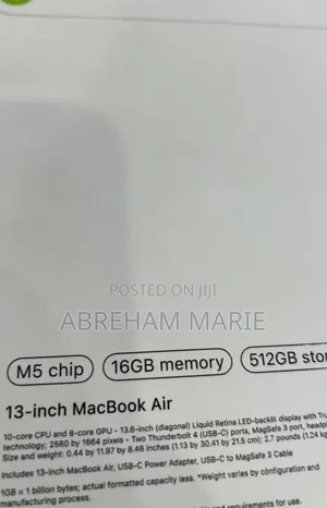 New Laptop Apple MacBook Air 2026 M5 16GB Apple M5 SSD 512GB