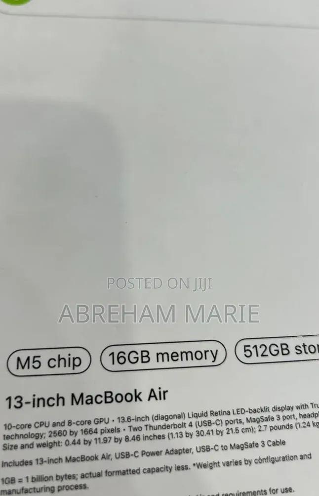 New Laptop Apple MacBook Air 2026 M5 16GB Apple M5 SSD 512GB
