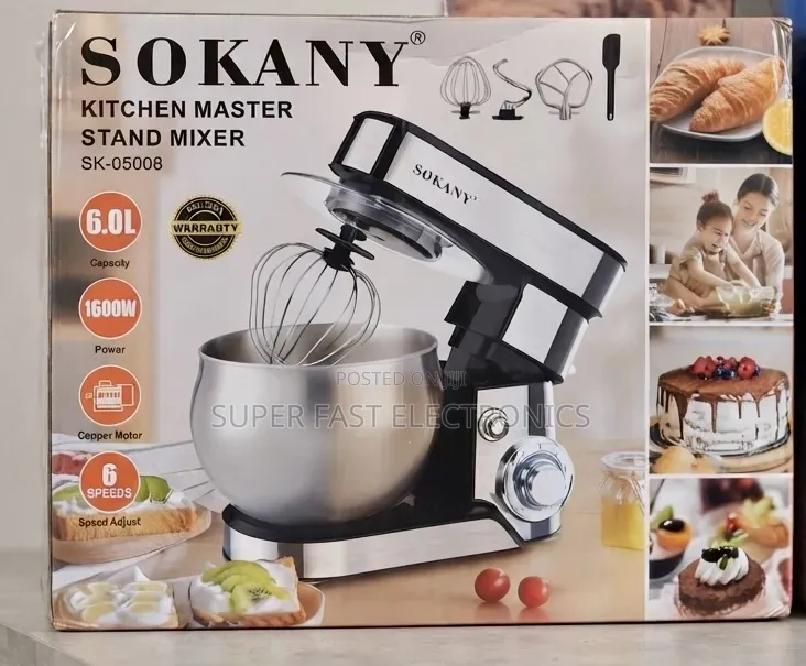 SOKANY Kitchen Master Stand Mixer  – 6L, 1600W Copper Motor, 6-Speed