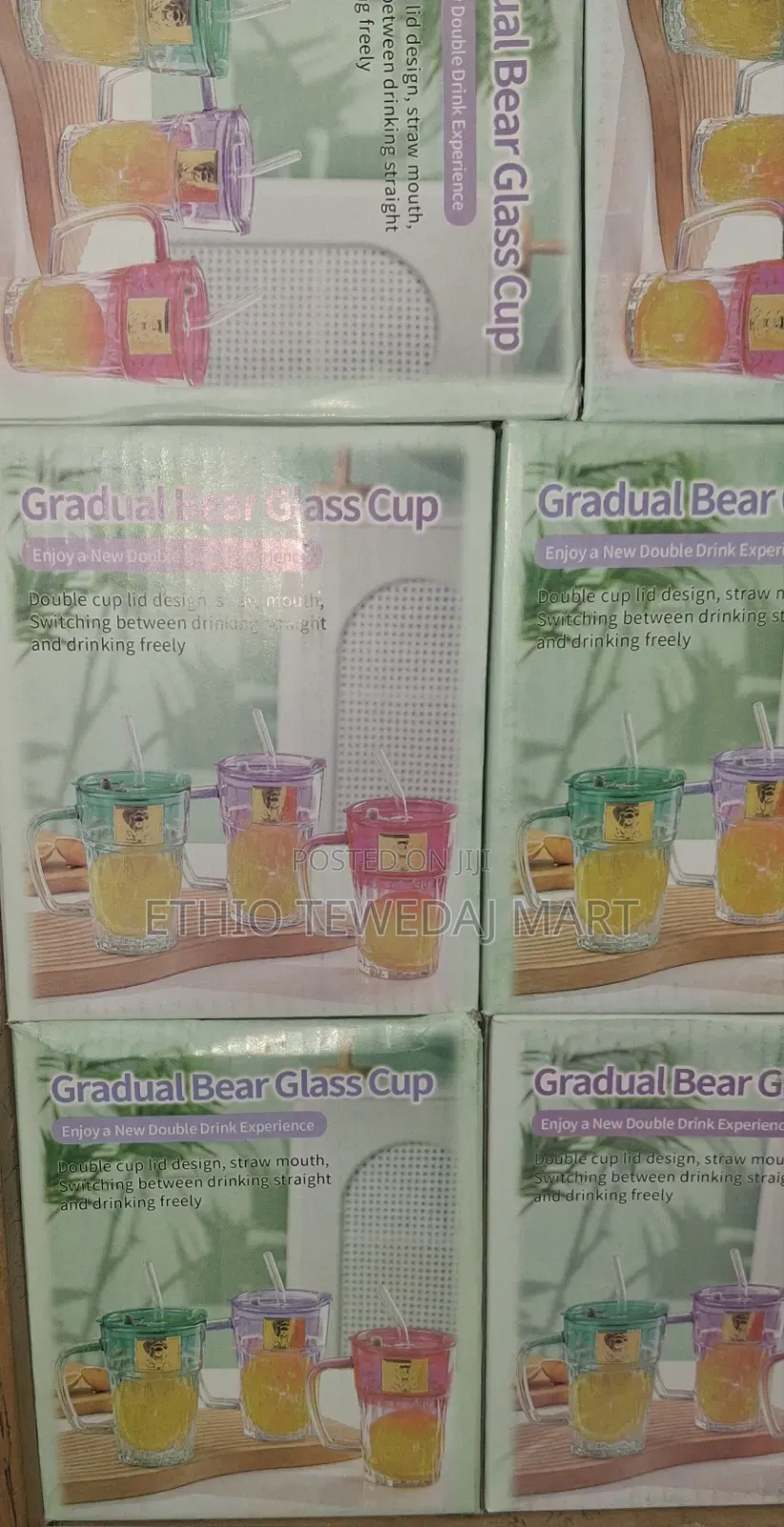Bear Handle ||  Drinking Water Bottle | Gradual Bear Glass Cup W Straw