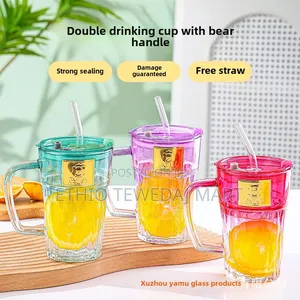 Bear Handle ||  Drinking Water Bottle | Gradual Bear Glass Cup W Straw