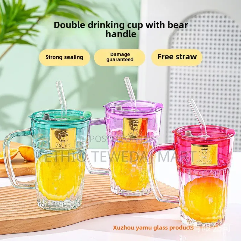Bear Handle ||  Drinking Water Bottle | Gradual Bear Glass Cup W Straw