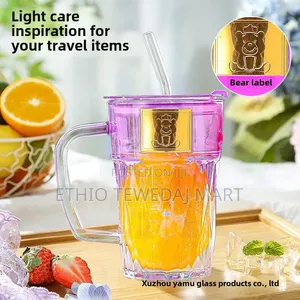 Bear Handle ||  Drinking Water Bottle | Gradual Bear Glass Cup W Straw