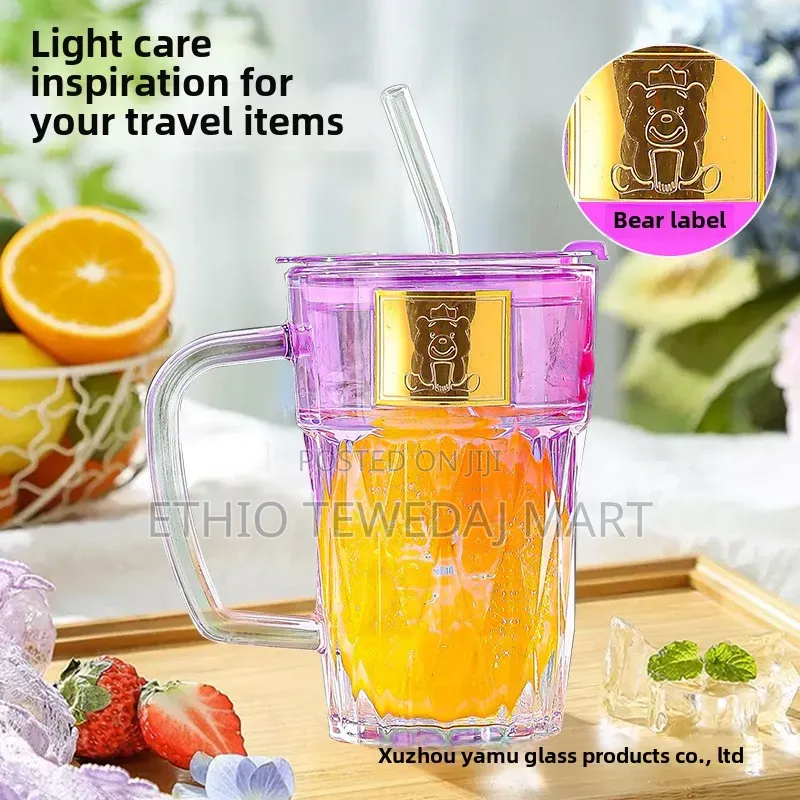 Bear Handle ||  Drinking Water Bottle | Gradual Bear Glass Cup W Straw