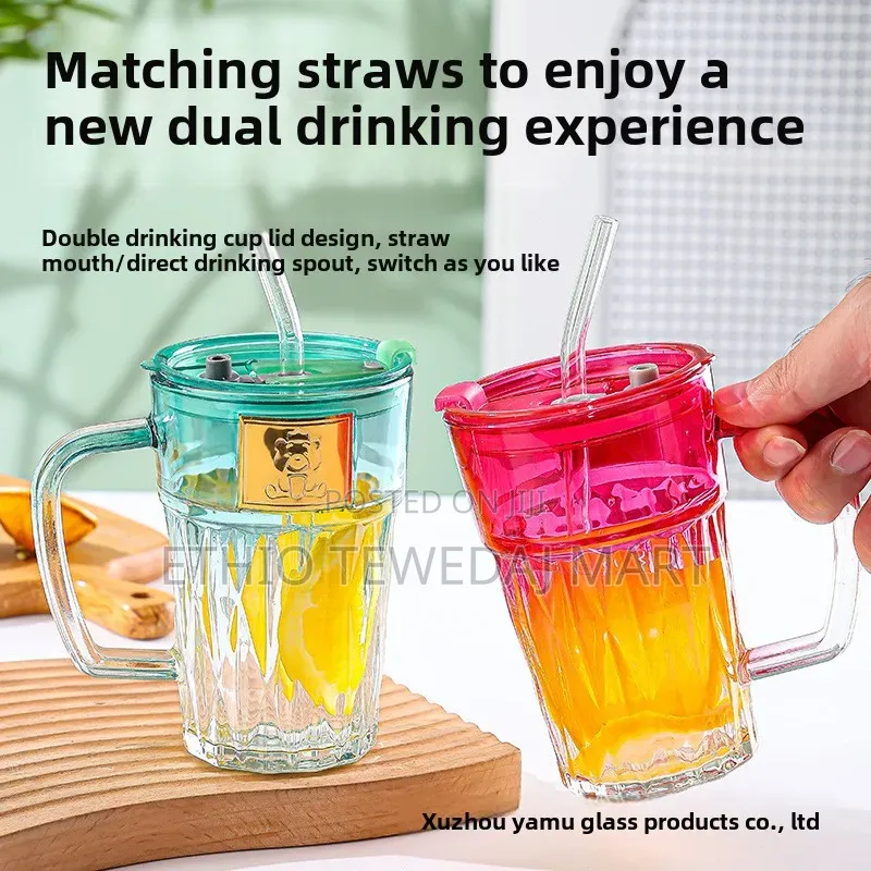 Bear Handle ||  Drinking Water Bottle | Gradual Bear Glass Cup W Straw