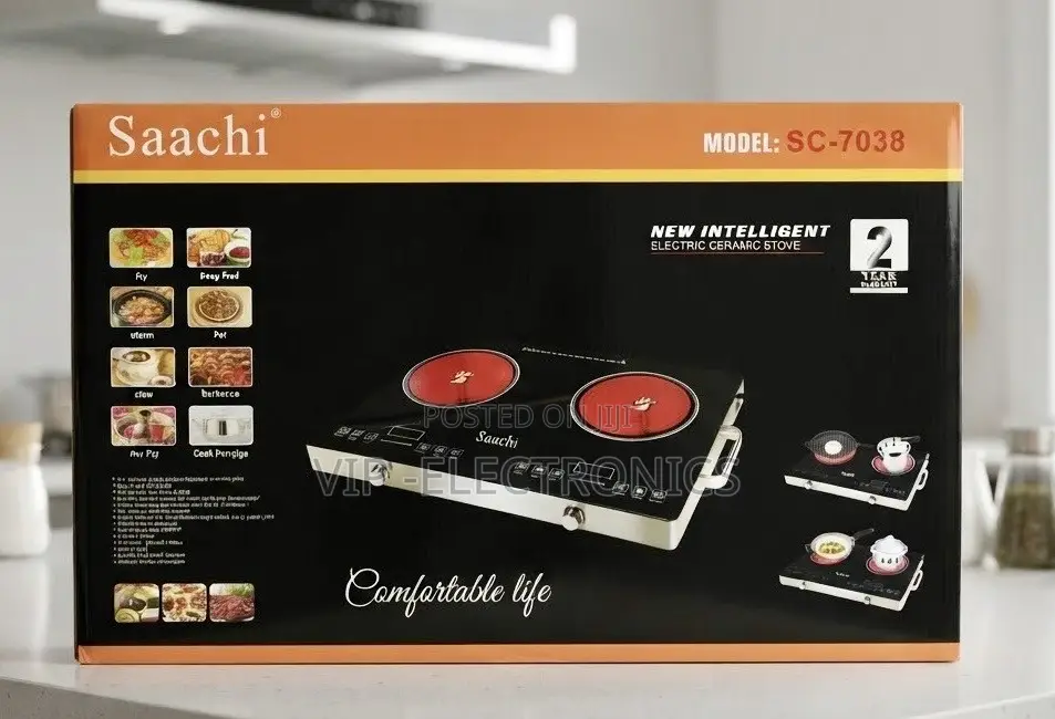 Saachi Electric Ceramic Stove Packaging in Modern Kitchen