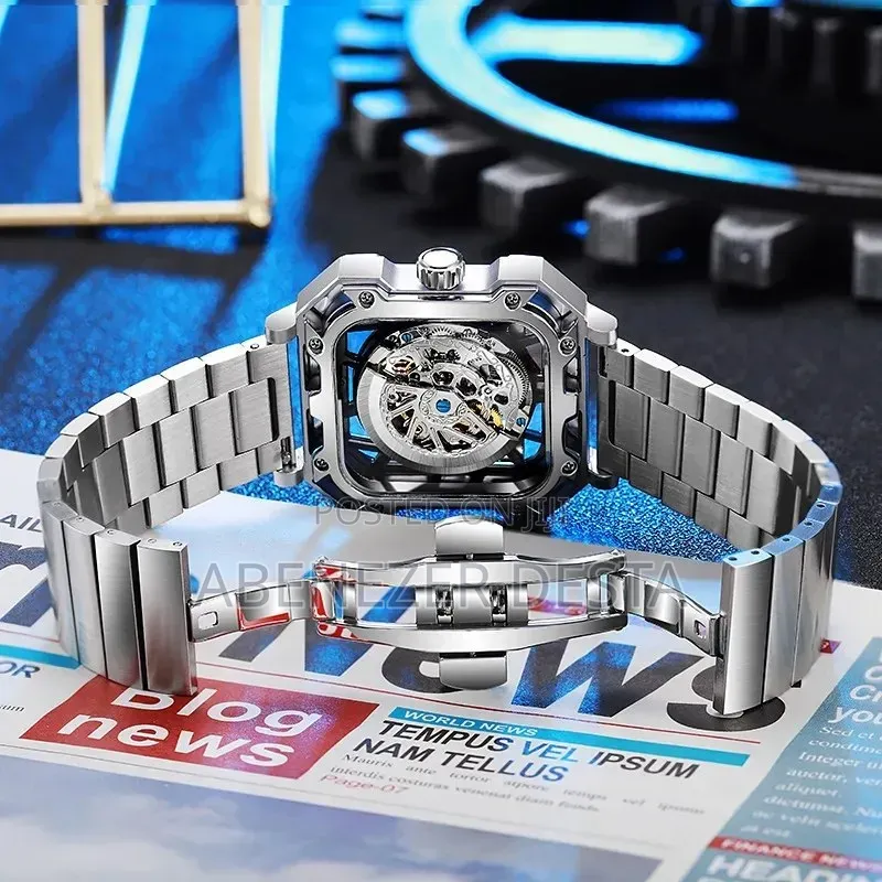 Silver-Tone Automatic Mechanical Wristwatch With a Distinctive Square