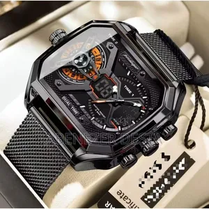 Black Poedagar Dual-Time Men's Wristwatch Featuring an Angular Case