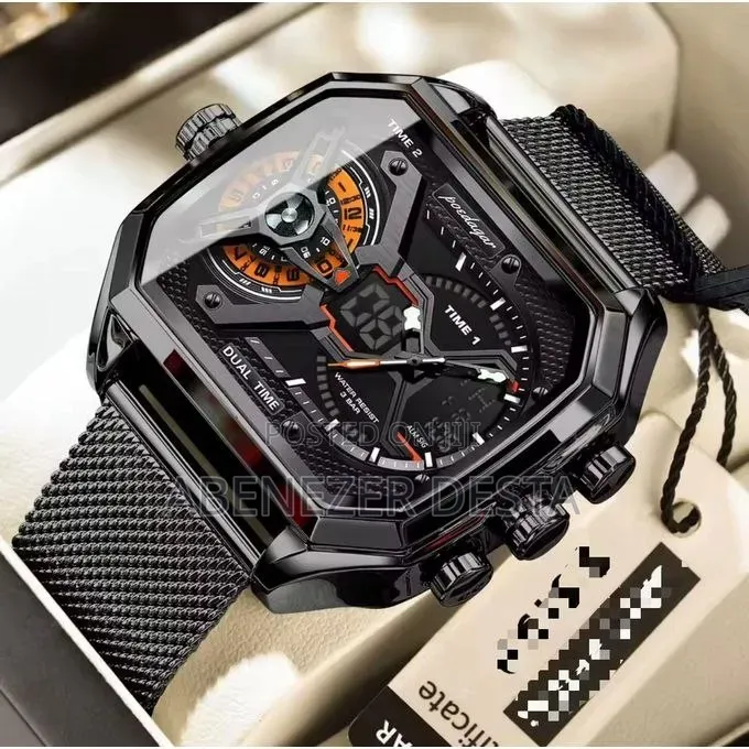 Black Poedagar Dual-Time Men's Wristwatch Featuring an Angular Case