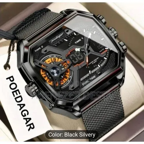 Black Poedagar Dual-Time Men's Wristwatch Featuring an Angular Case
