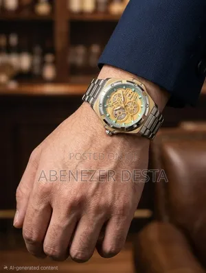 Men's Mechanical Wristwatch With a Gold-Tone Skeleton Dial, Exposed