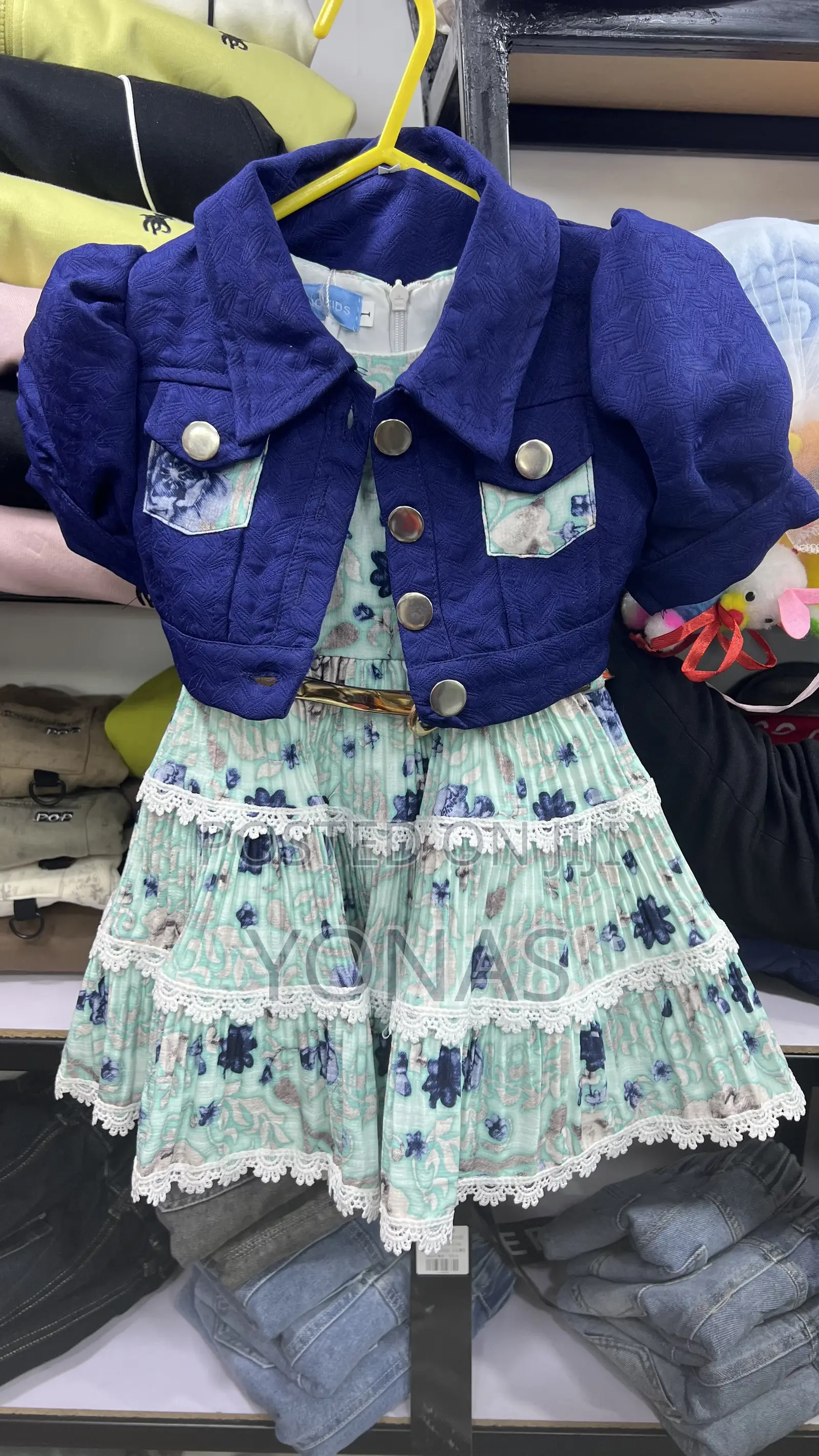 2-Piece Girls Dress Set With Cropped Puff-Sleeve Jacket & Gold Belt