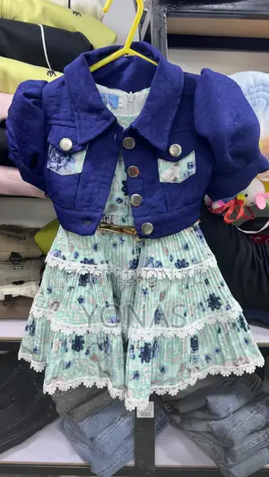 2-Piece Girls Dress Set With Cropped Puff-Sleeve Jacket & Gold Belt