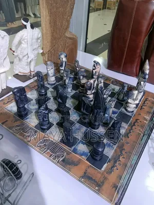 Handcrafted African Stone Chess Set With Wooden Board - Decorative