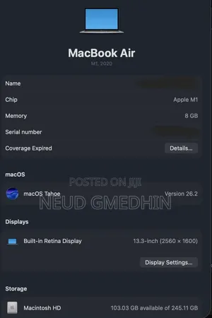 Laptop Apple MacBook Air 2020 8GB Apple M1 SSD 256GB
