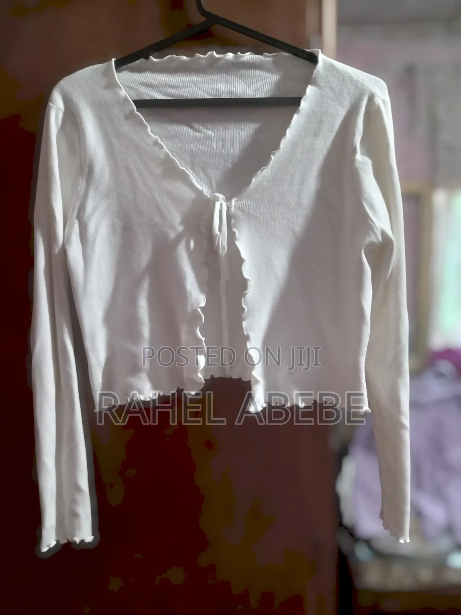 White Tie-Front Lettuce-Trim Cardigan