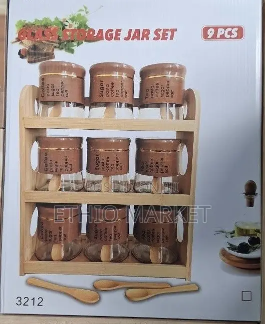 9 ቁራጭ የመስታወት ማከማቻ ማሰሮዎች ስብስብ ከ3 ደረጃ የእንጨት ወይም የቀርከሃ ማሳያ መደርደሪያ ጋር