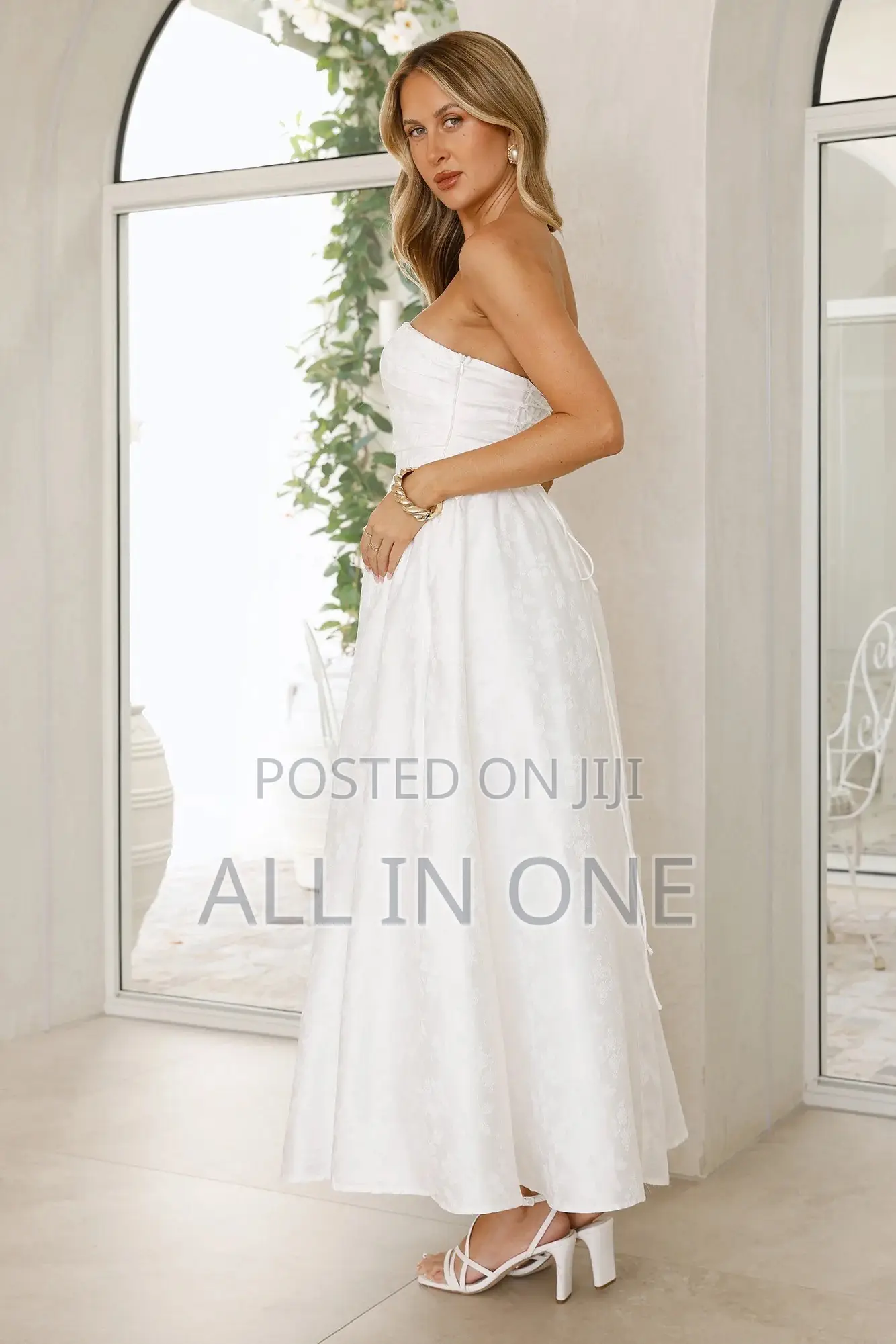 Chi Chi London Bridal Strapless Floral Jacquard Midi Dress in White