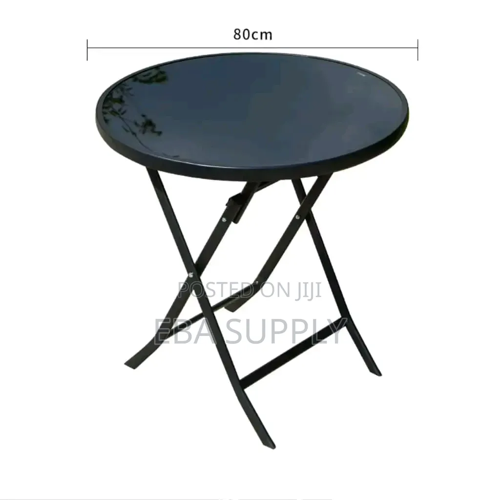 60-70cm Round Outdoor Folding Patio Table – Black Tempered Glass Top