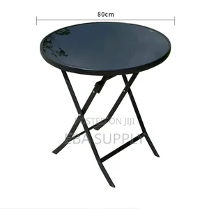 60-70cm Round Outdoor Folding Patio Table – Black Tempered Glass Top