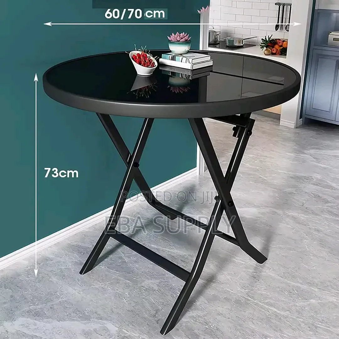 60-70cm Round Outdoor Folding Patio Table – Black Tempered Glass Top