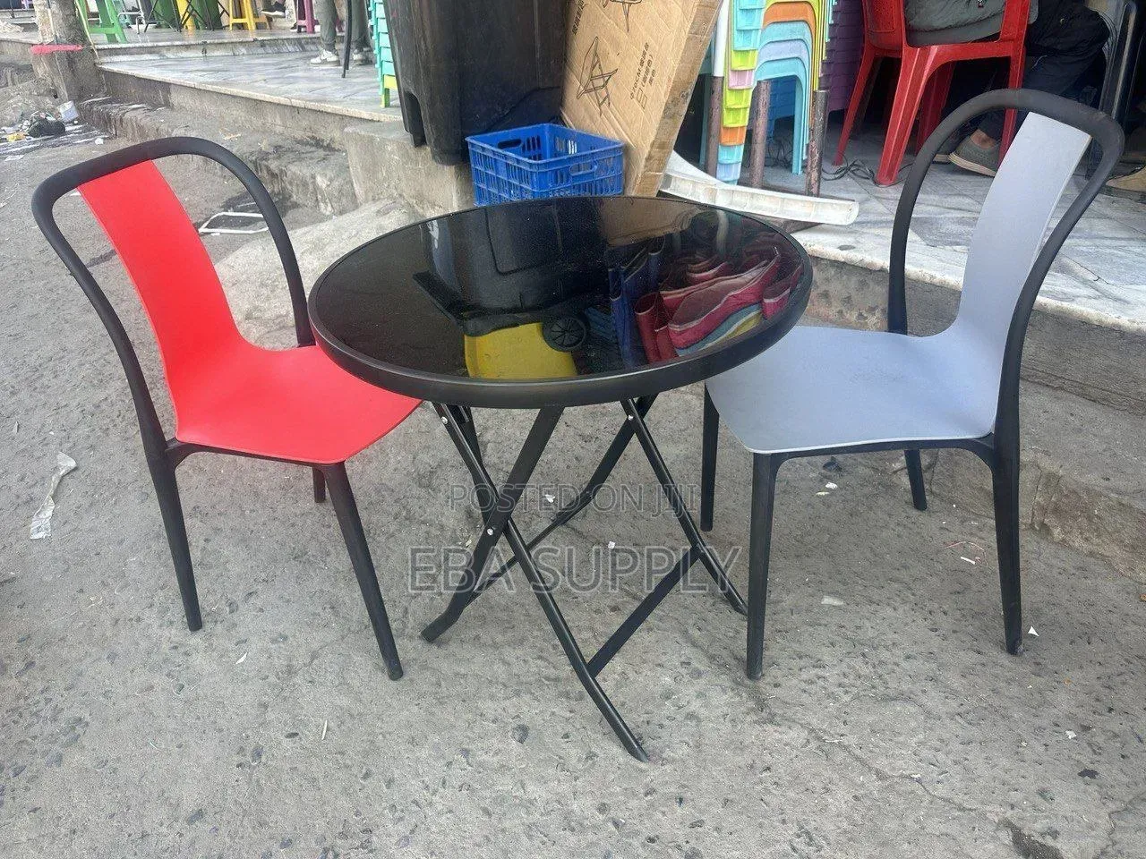 60-70cm Round Outdoor Folding Patio Table – Black Tempered Glass Top