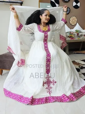 Elegant White Magenta Ethiopian Habesha Kemis