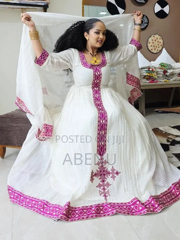 Elegant White Magenta Ethiopian Habesha Kemis