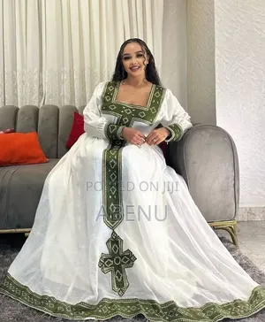 Elegant White Magenta Ethiopian Habesha Kemis
