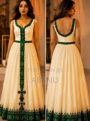Elegant White Green Ethiopian Habesha Kemis