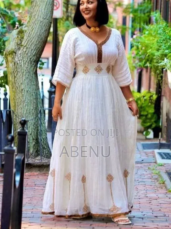 Elegant White Green Ethiopian Habesha Kemis