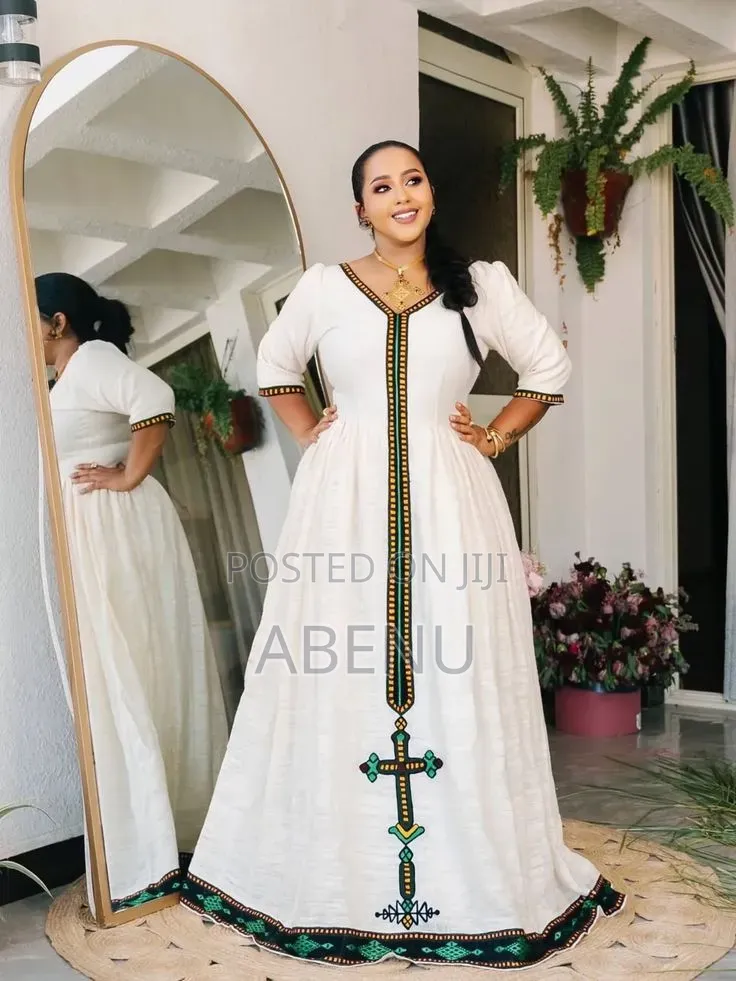 Elegant White Gold Ethiopian Habesha Kemis