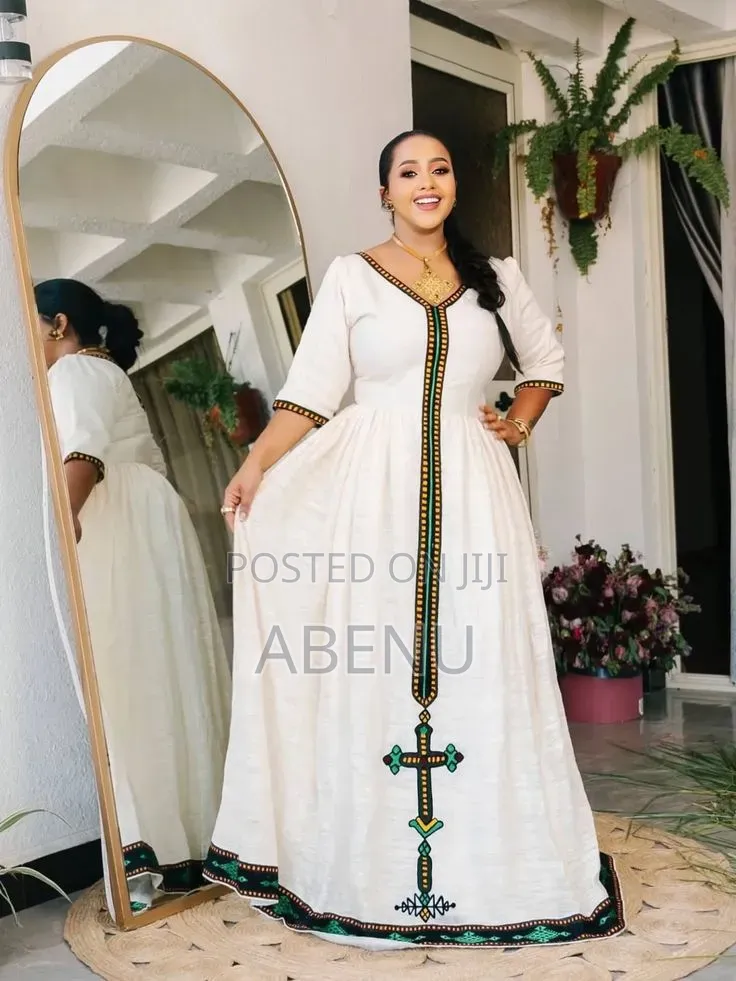 Elegant White Gold Ethiopian Habesha Kemis