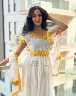 Elegant White Gold Ethiopian Habesha Kemis With Netela