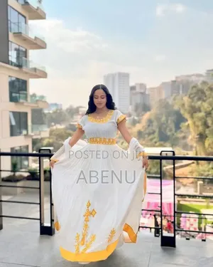 Elegant White Gold Ethiopian Habesha Kemis With Netela