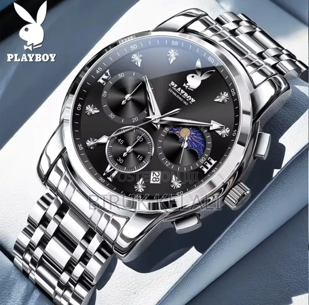 Playboy Men's Silver and Black Multi-Dial Quartz Watch